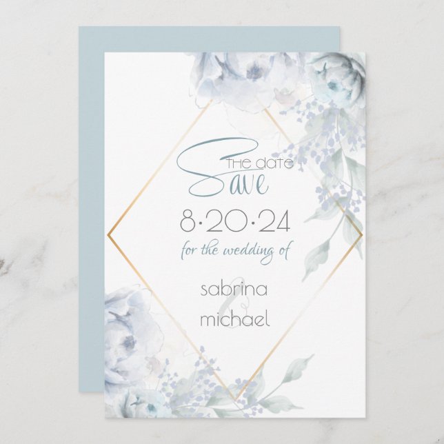 Save the Date | Dusty Blue Watercolor Peonies (Front/Back)