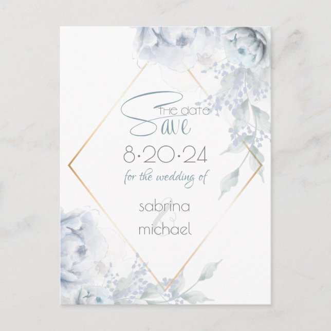 Save the Date | Dusty Blue Watercolor Peonies Postcard (Front)