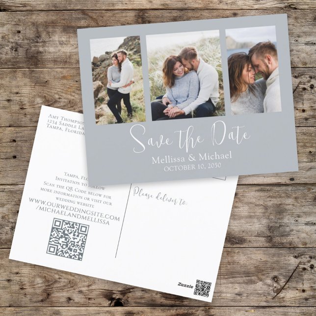 Save the Date Dusty Blue Wedding Photo QR Code Postcard (Creator Uploaded)