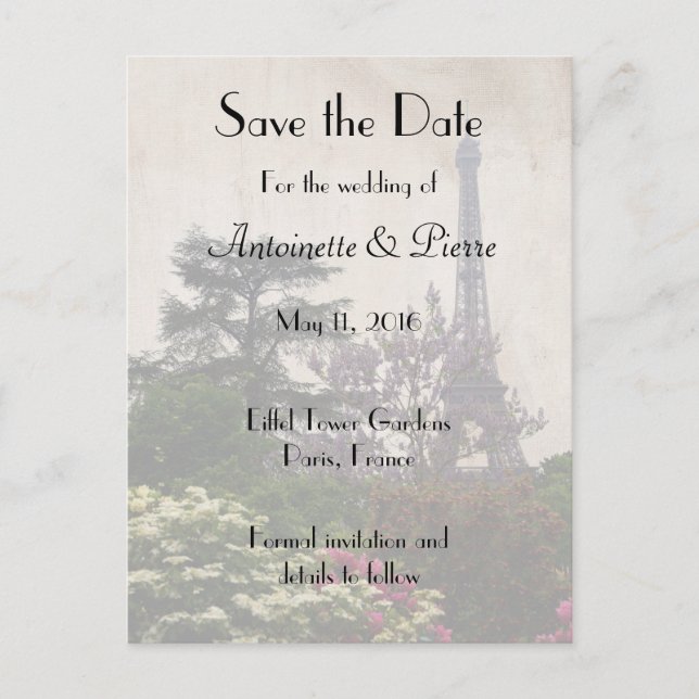 Save the Date, Eiffel Tower Theme Announcement Postcard (Front)