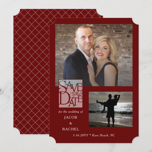 Save the Date Elegant 2-Photo Burgundy Red Wedding (Front/Back)