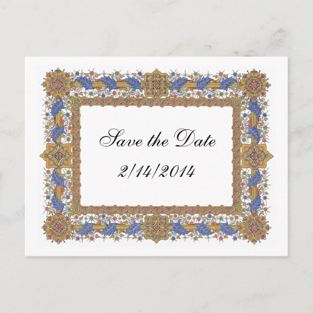 Save the Date Elegant Baroque Blue Gold Custom Announcement Postcard (Front)