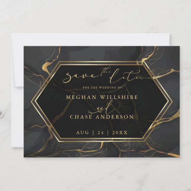 SAVE THE DATE | Elegant Black and Gold Marble (Front)