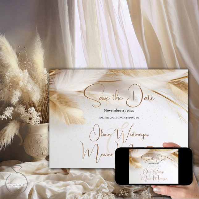 Save the Date | Elegant Bohemian Gold Pampas Invitation (Elegant Boho Pampas Grass  Save the date - available as printed cards  or digital or both )