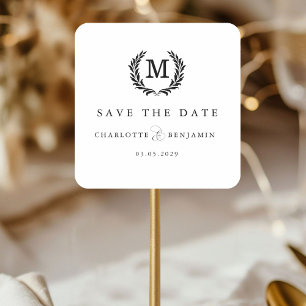 Save The Date! Elegant Crest Monogram White Square Sticker