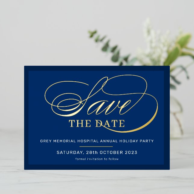 SAVE THE DATE elegant event fancy script navy gold (Standing Front)