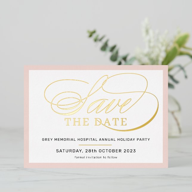 SAVE THE DATE elegant fancy script blush pink gold (Standing Front)