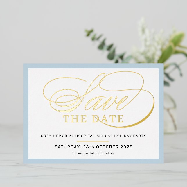 SAVE THE DATE elegant fancy script pale blue gold (Standing Front)