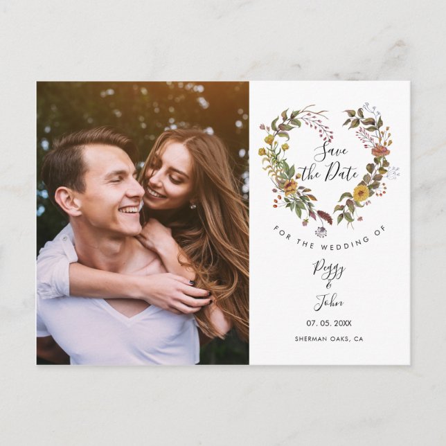 Save the Date Elegant Floral Heart Garland Photo Postcard (Front)