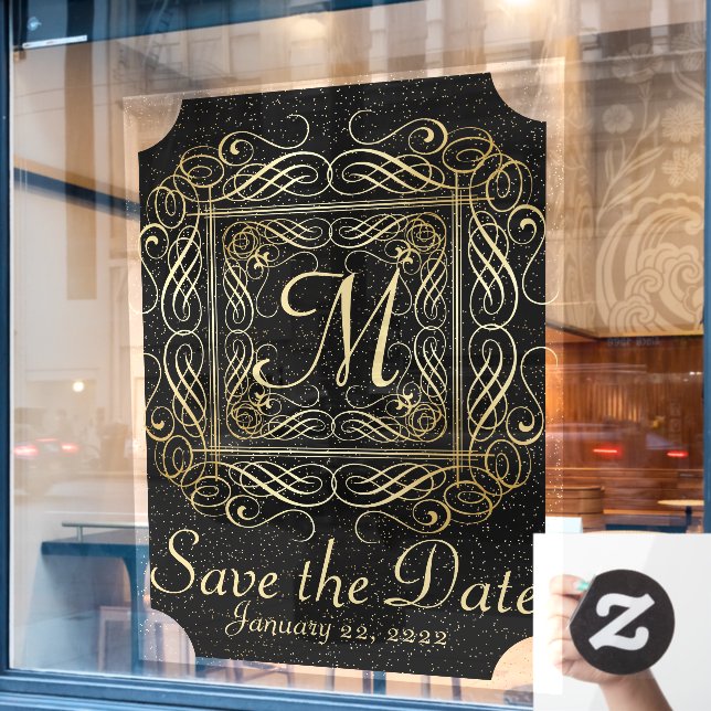 Save the Date Elegant Gold Foil Dots Look Script (Cafe Window)