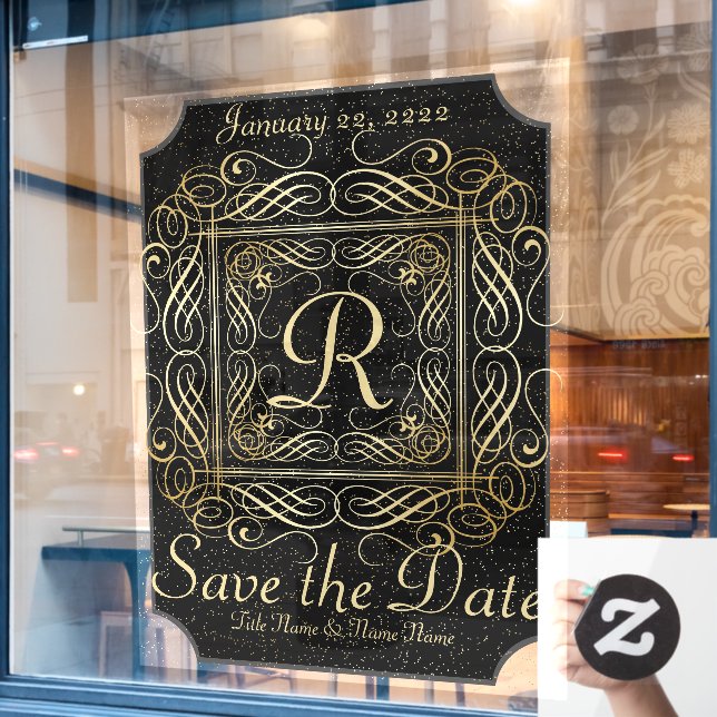 Save the Date Elegant Gold Foil Dots Look Script 1 (Cafe Window)
