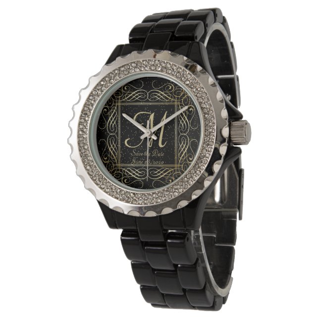 Save the Date Elegant Gold Foil Dots Look Script Watch (Angled)