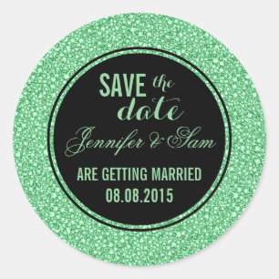 Save The Date-Elegant Green Glitter Classic Round Sticker