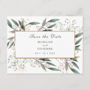 Save The Date elegant green leaf gold Postcard