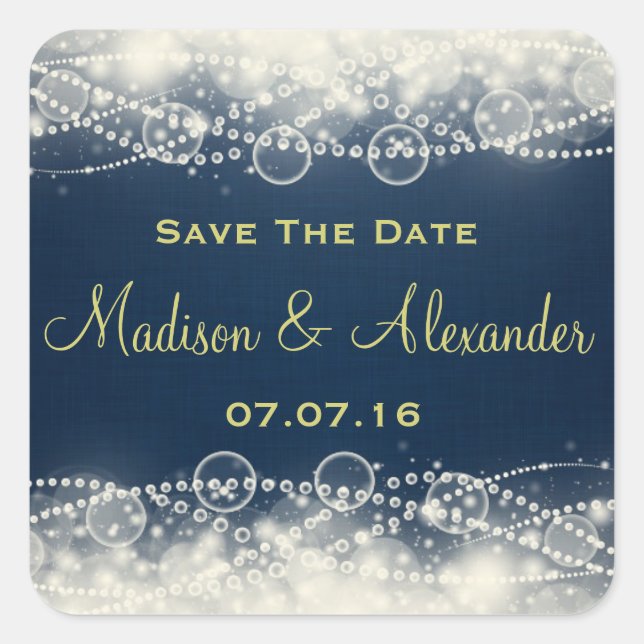 Save The Date Elegant Lace and Pearls on Dark Blue Square Sticker (Front)