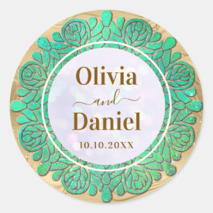 Save the Date, Elegant Modern Turquoise Mandala Classic Round Sticker