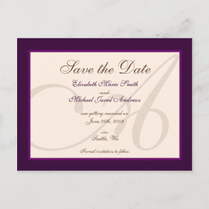 Save the Date Elegant Monogram Purple Postcard