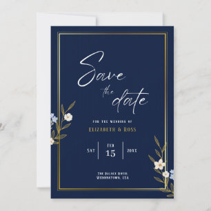 Save the Date - Elegant navy blue and gold floral