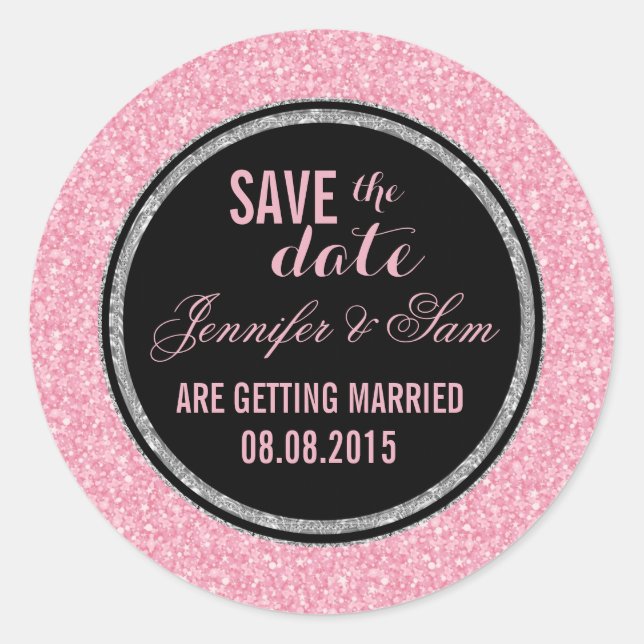 Save The Date-Elegant Pink Glitter Classic Round Sticker (Front)