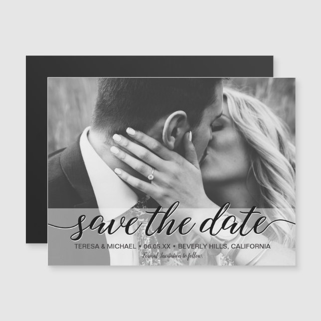 Save the date Elegant Script black and white photo (Front/Back)