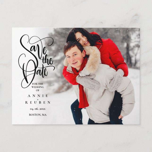 Save the Date Elegant Script Photo Modern Announcement Postcard (Front)