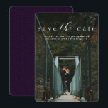 Save the date elegant script vertical photo card<br><div class="desc">With simple but elegant typography, this save the date is a classic design that features a single vertical photo. The white wording is placed at the top of the photo along with a darkening filter to allow for better legibility. The back is a speckled deep plum shade of purple, but...</div>