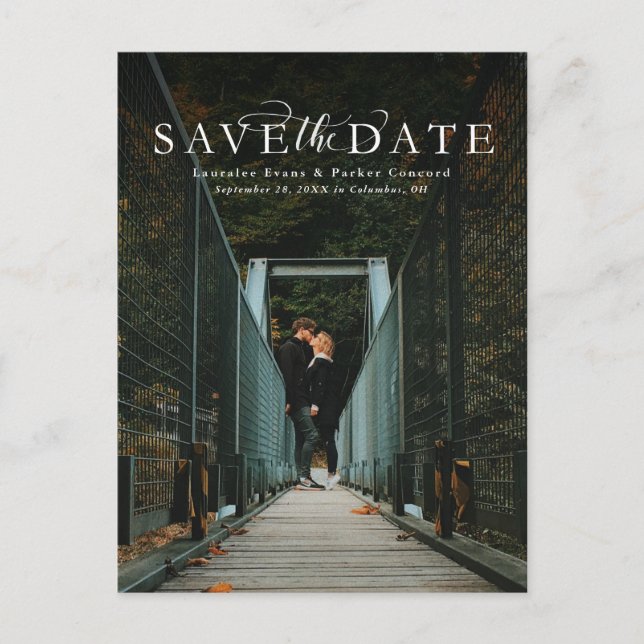 Save the date elegant vertical photo postcard (Front)