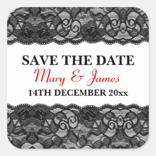Save The Date Elegant Vintage Black Lace Red Square Sticker