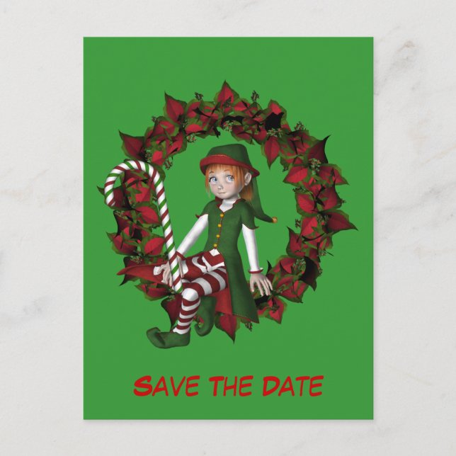 Save The Date Elf On Wreath Holiday Announcement Postcard (Front)