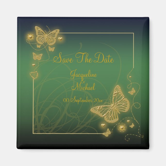 "Save the date" emerald green butterfly gold black Magnet (Front)