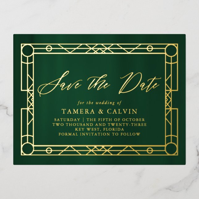 Save The Date Emerald Green Gold Decorative Frame Foil Invitation Postcard (Front)