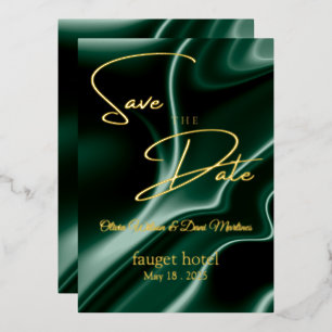 save the date emerald green silk background