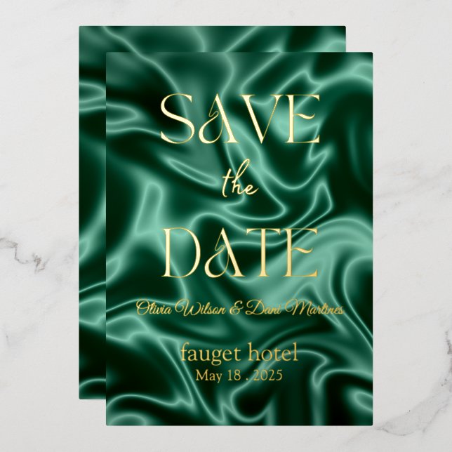 save the date emerald green silk background foil i (Front/Back)