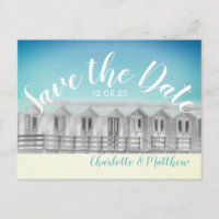 Save the date English beach hut seaside postcard
