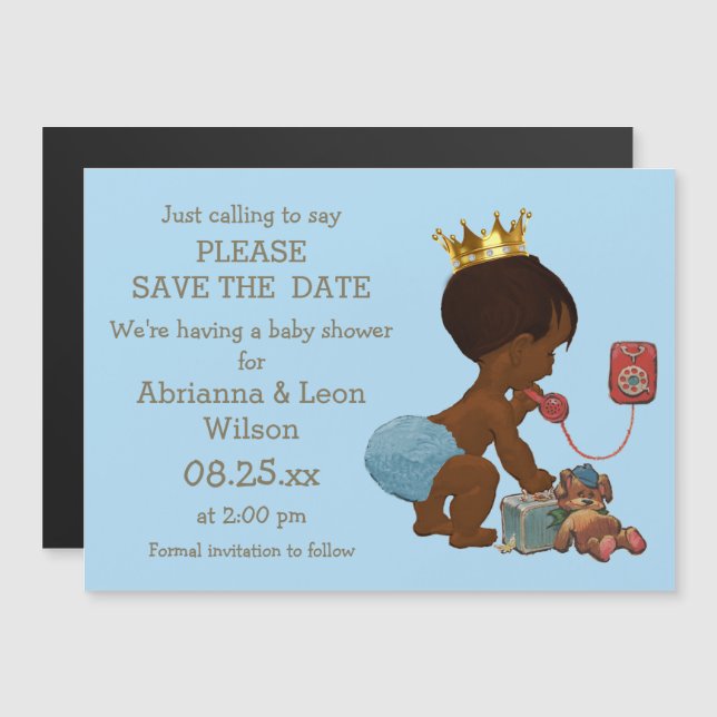 Save The Date Ethnic Prince on Phone Grey Blue Magnetic Invitation (Front/Back)