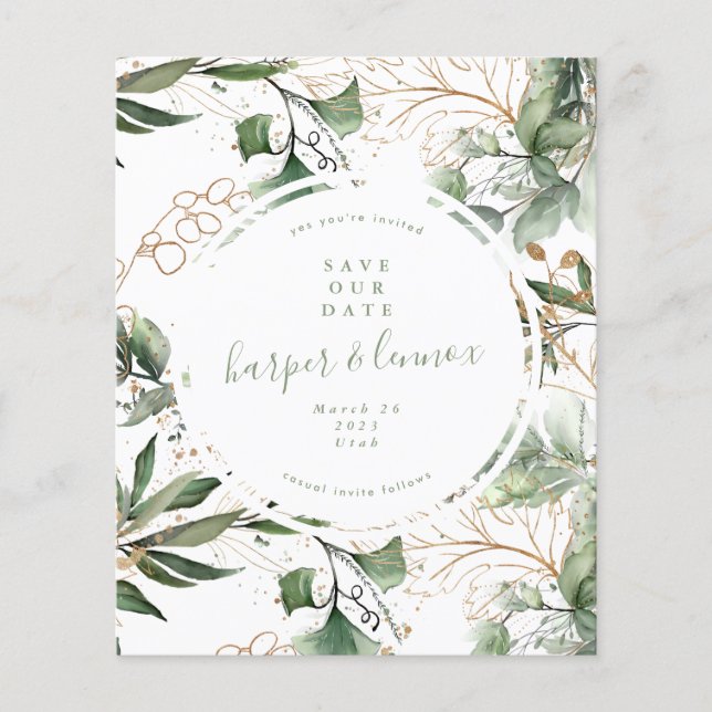save the date Eucalyptus Gold Boho Modern budget Flyer (Front)