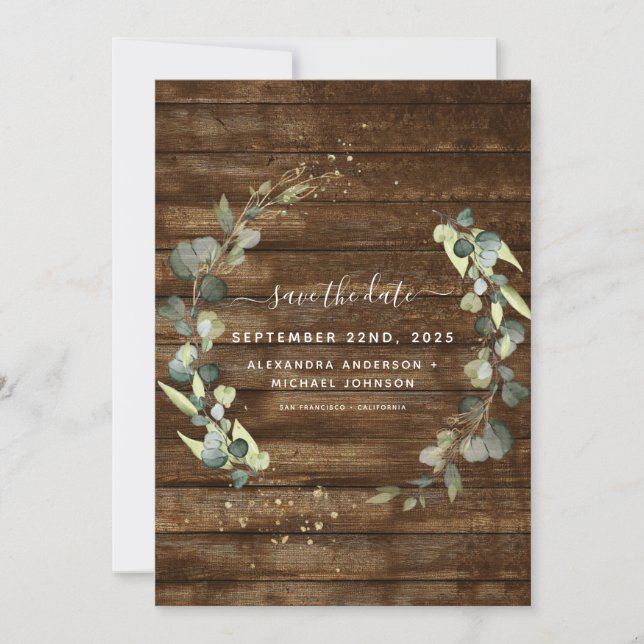 Save the Date Eucalyptus Greenery Rustic Wood (Front)