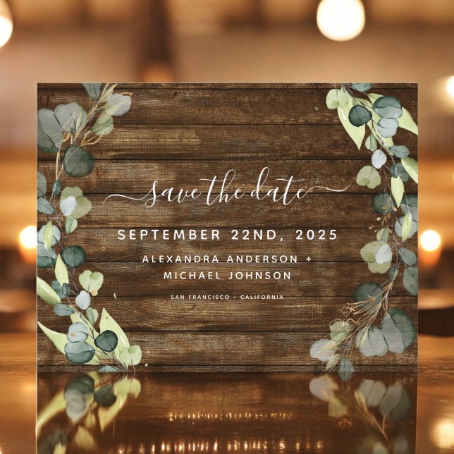 Save the Date Eucalyptus Greenery Rustic Wood Announcement Postcard (Creator Uploaded)