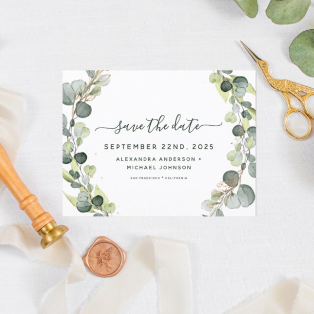 Save the Date Eucalyptus Greenery Succulent Announcement Postcard (Creator Uploaded)