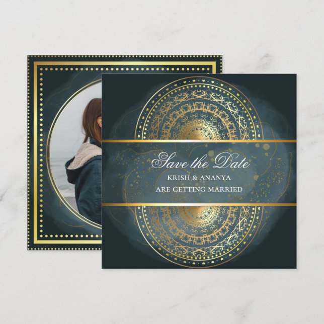 Save the date, Exquisite blue and black Wedding  Invitation (Front/Back)