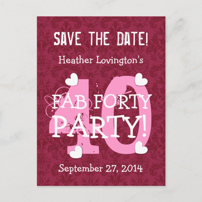 Save the Date FAB 40 Birthday Party V09 WINE RED Announcement Postcard (Front)