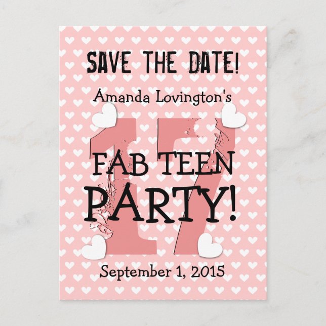 Save the Date FAB TEEN Birthday V17C PINK Announcement Postcard (Front)
