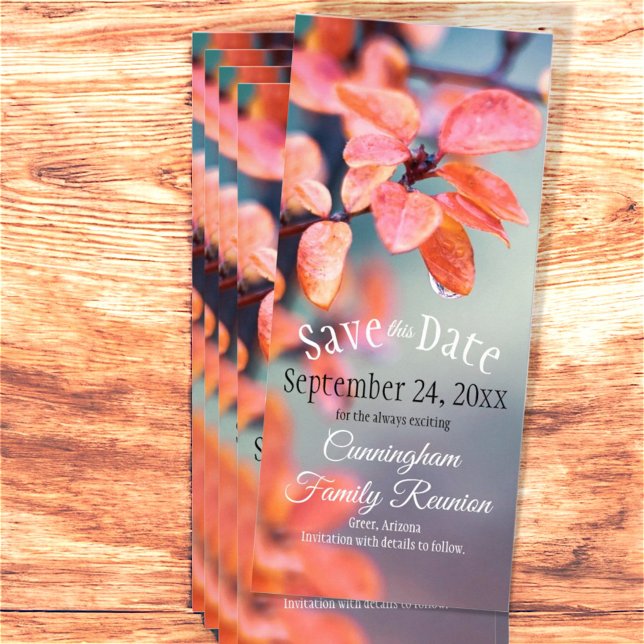 Save The Date Family Reunion Autumn Leaves Bokeh Rack Card (front save the date template rack card)