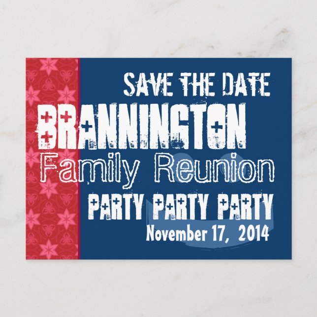 Save the Date Family Reunion Red White Blue V01C Announcement Postcard (Front)