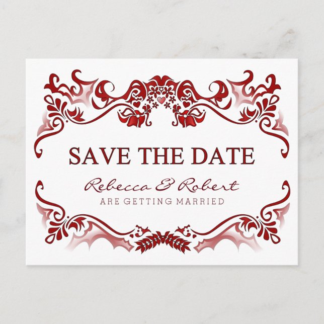 Save the Date Fancy Border Valentines Red Postcard (Front)