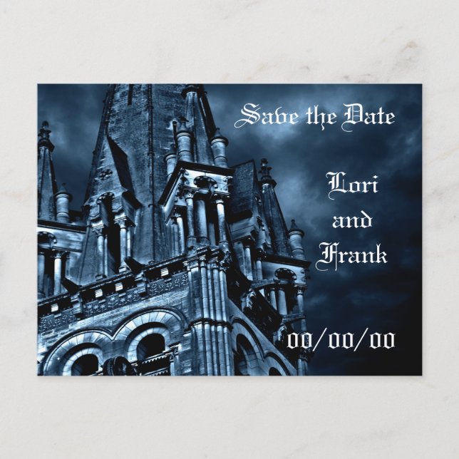 Save the Date fantasy blue castle post card (Front)