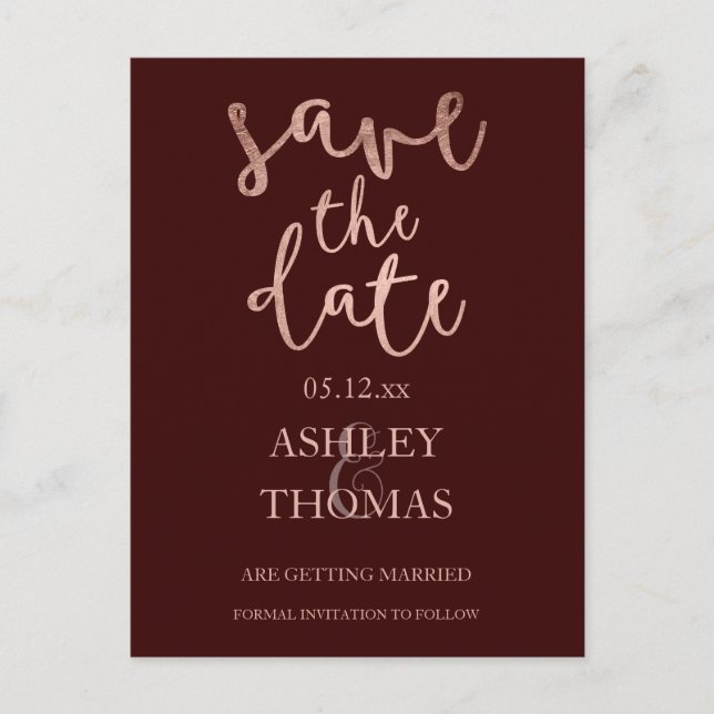 Save the Date faux Rose gold script burgundy Announcement Postcard (Front)