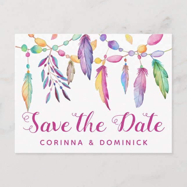 Save The Date Feathers Native American Engagement Postcard (Front)