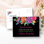 Save the Date Fiesta Flowers Black and Floral Announcement Postcard<br><div class="desc">Floral Save the Date Postcards with watercolor fiesta flowers, which can be customised for any occasion. This black card has an abundance of colourful flowers, elegant pink script and modern typography. A beautiful floral design including peony, rose, fuchsia, lily and greenery in shades of pink, purple, orange, yellow, green and...</div>