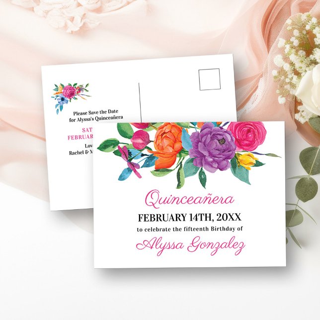 Save the Date Fiesta Flowers White and Floral Announcement Postcard (Save the Date Postcard Invitation from my Fiesta Flowers Quinceanera Collection)
